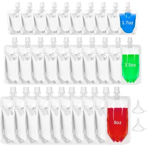 100 sachets souples jetables en plastique transparent, étanches et munis d'un entonnoir, pour jus de fruits, fêtes, mariages, événements en plein air et voyages (contours assortis : 50 ml, 100 ml et 2 (1/5)