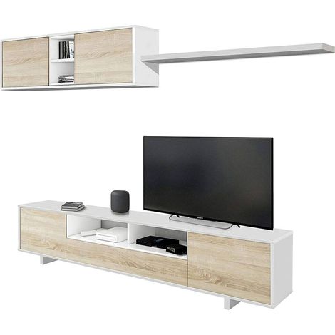 Parete attrezzata Angora, Mobile da soggiorno porta TV, Composizione set salotto, Set salotto con pensile, 260x41h46 cm, Bianco lucido e Rovere
