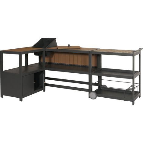 Cocina exterior de aluminio de 3 piezas HHG-810, cocina exterior de jardín carrito para servir cubitera, antracita, aspecto de madera clara
