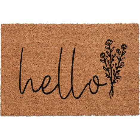 Relaxdays Felpudo Coco, Mensaje Hello, 60x40 cm, Ramo Flores, Interior y Exterior, Tapete Antideslizante, Natural/Negro