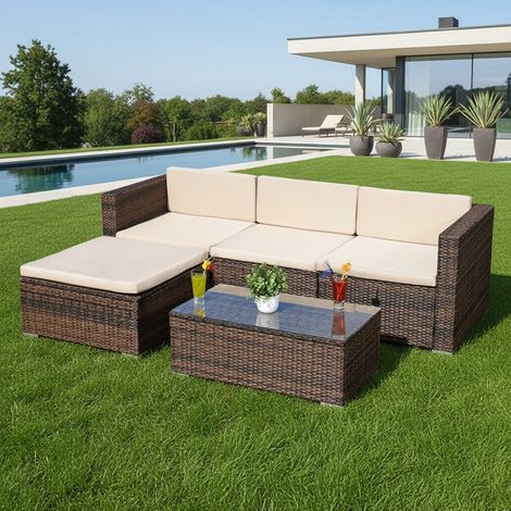 Dinette Gruppo di seduta Mobili in rattan Mobili in rattan Divano ad angolo Tavolo da giardino Tappezzeria marrone (1/5)