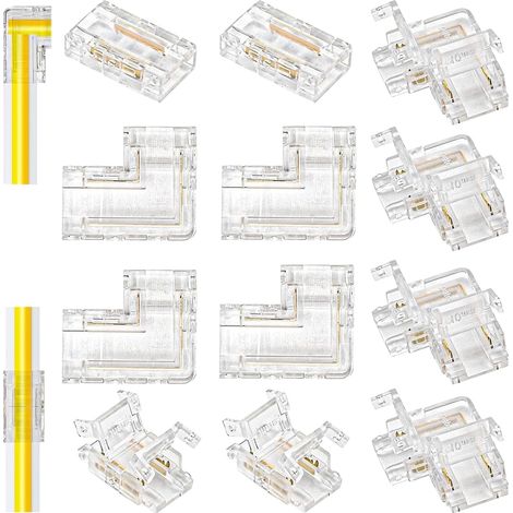 Lot de 12 connecteurs de bande LED COB - Transparent - Connecteur d'angle LED - 10 mm - 2 pôles - Sans soudure - 8 x forme L + 4 x droits - Pour bandes LED 12 V 24 V - Installation facile sans (1/5)