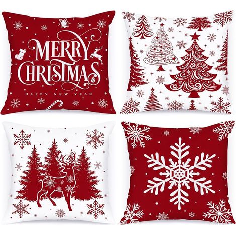 Lot de 4 Housses de Coussin de Noël, Rouge Housse d'oreiller 45 x 45cm, Taie d'oreiller Décorative Arbre de Noël, Noel Deco en Hiver pour Salon Chambres Canapé, Décoration intérieure (1/5)