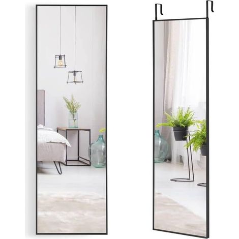 COSTWAY Espejo sobre Puerta de 120 x 37 cm, Espejo con Marco de Aleación de Aluminio y Cristal Irrompible, Espejo Colgante o de Pared con Ganchos para Armario, Dormitorio y Salón (Negro)