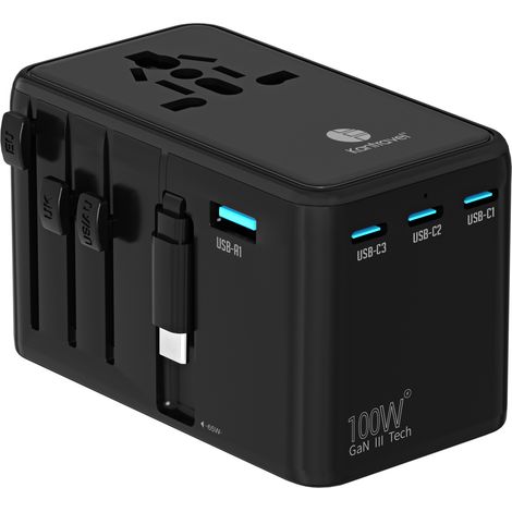 Adaptateur de voyage universel, charge rapide 100 W, convertisseur universel, câble de charge rapide rétractable Type-C de 80 cm (noir) (1/5)