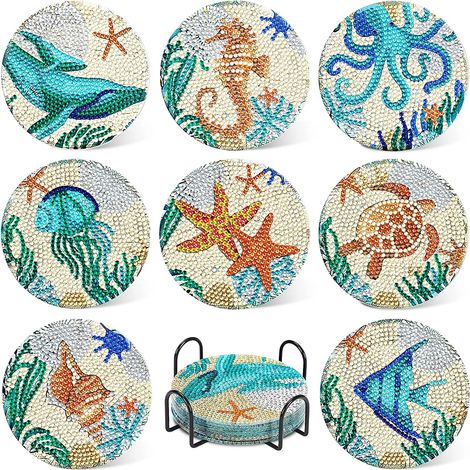 Lot de 8 dessous de verre en céramique 5D DIY - Dessous de verre - Décoration boho - En bois avec support - Convient pour verres à vin-B (1/5)