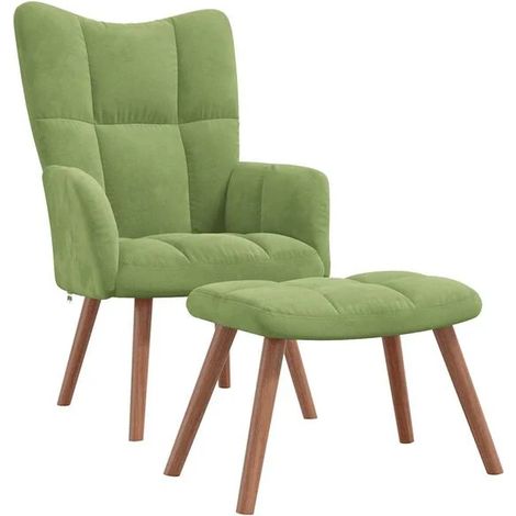 Un fauteuil lounge avec repose-pieds, recouvert de velours vert clair. (1/5)