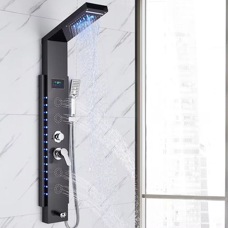 de douche LED 5 en 1 avec colonne de douche effet pluie, affichage de la température et fonction massage pour une expérience digne d'un spa (1/5)