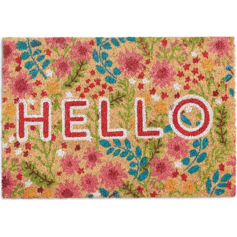 Relaxdays Felpudo Fibra Coco, Mensaje Hello y Estampado Flores, 40x60 cm, Antideslizante, Alfombrilla Puerta, Multicolor (1/5)