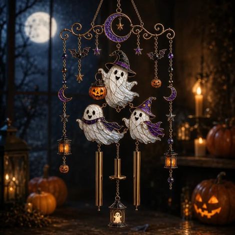 Carillon d'Halloween en vitrail, attrape-soleil en acrylique avec motif fantôme, chat, lune et sorcière, 20/30 cm H 30 cm (1/5)