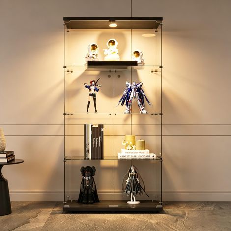 FOERPL-Glasvitrine für Sammlungen mit 4 Regalböden und LED-Beleuchtung, moderne Vitrine mit 4 Regalböden und 2 Türen, vertikaler Sammlungsschrank für freistehende Sammlungen, wandmontierte Glasvitrine
