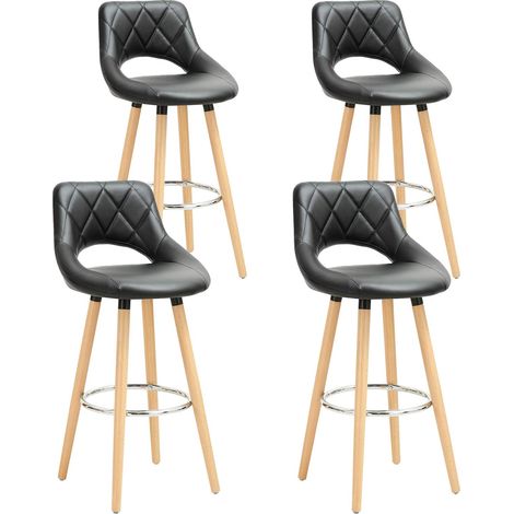 WOLTU 4X Taburetes de Bar con Respaldo Sillas de Cocina Juego de 4 Taburetes Altos Cocina Marco de Madera Maciza Imitación de Cuero Silla de Diseño Madera Negro