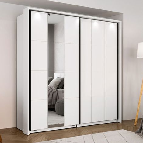 Schrank 2 Türen Asilah, Schlafzimmer Kleiderschrank 2 Fächer, Kleiderstange, Schiebetüren, 195x205h cm Mattweiß (1/5)
