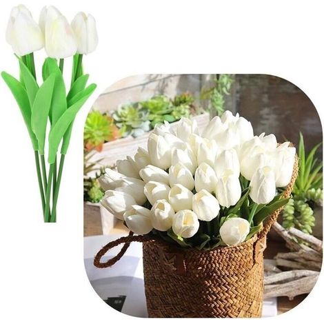 Tulipanes artificiales de silicona, 34 cm, plantas decorativas para jarrón, 5 unidades - Blanco (1/4)