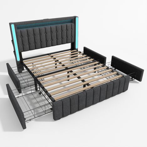 Cama 160x200 cm gris con LED, USB y Type-C, 4 cajones, cabecero tapizado (1/5)