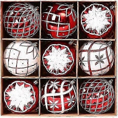 Ensemble de 9 boules de Noël incassables (rouges et blanches) à suspendre au sapin, à une guirlande ou à une couronne - 10 cm (1/4)