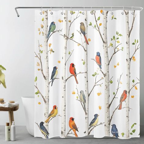 Oiseau Rideaux de Douche 120x175cm Bouleau Blanc Rideaux de Bain avec Crochets,Moderne Extra Court Imperméable Polyester Anti Moule Salle de Bain Décor (1/5)