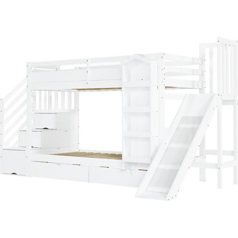 Letto a castello bambino 90x200 cm con scivolo, scala contenitore e cassetti bianco (1/5)