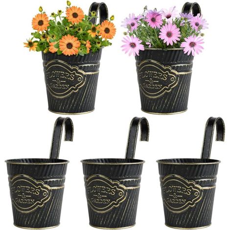 5pcs Pots de Fleur Suspendus en Métal Noir Pots de Plantes à Suspendre avec Crochet Amovible Décoration Intérieur Extérieur pour Balcon Clôture Jardin Maison (1/4)