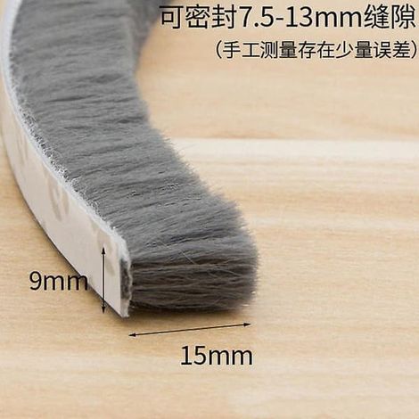 Bande adhésive de 10 m avec brosse pour portes et fenêtres, joint d'étanchéité coupe-vent, anti-poussière et phonique, gris, 9 x 15 mm. (1/5)