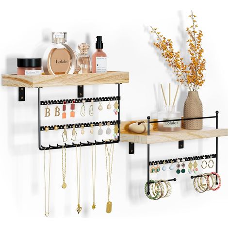 Porte Bijoux Mural, Lot de 2, Organisateur Bijoux Suspendu, Porte Boucles d’Oreille Colliers Bracelets Bagues Parfum, Présentoir Bijoux Mural en Bois Naturel -Noir