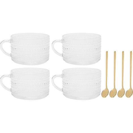 Gläser im nordischen Stil mit Prägung, Vintage-Frühstücksbecher, transparent für Milch, Kaffee, Latte oder Tee, 4er-Set mit Löffeln (1/5)