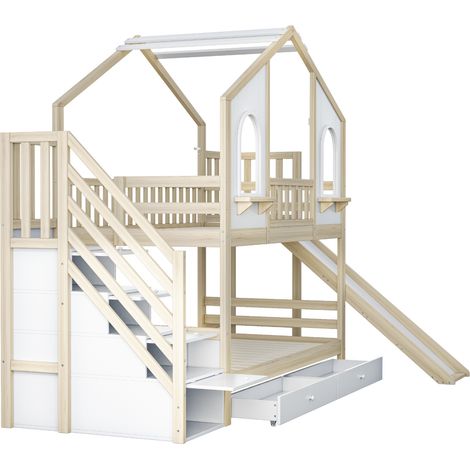Cama litera infantil 90 x 200 cm de madera con tobogán, escalera de almacenaje y cajones (1/5)