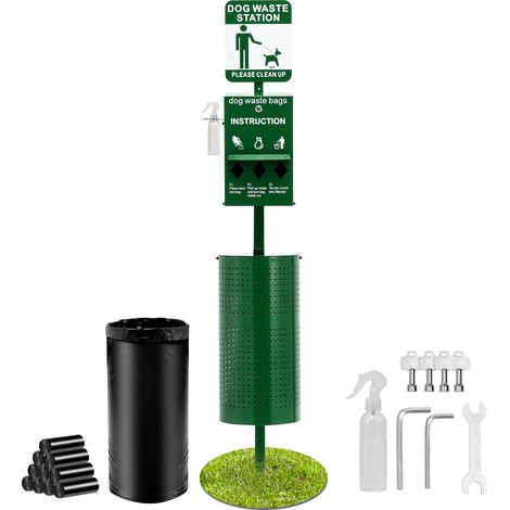 VEVOR Station Collecte Dejections Canines, Bouteille Lave-mains, Capacite Poubelle 43 L, 50 Sacs de Doublure, Distributeur de Sacs, 600 Sacs a Dechets, Elimination Crottes Canine Exterieur pour Parc