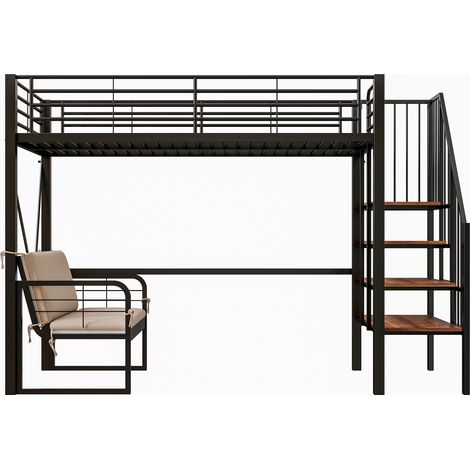 Lit mezzanine avec canapé intégré et escalier de rangement sécurisé, lit superposé 90x200 en métal noir robuste pour adulte et enfant. (1/5)