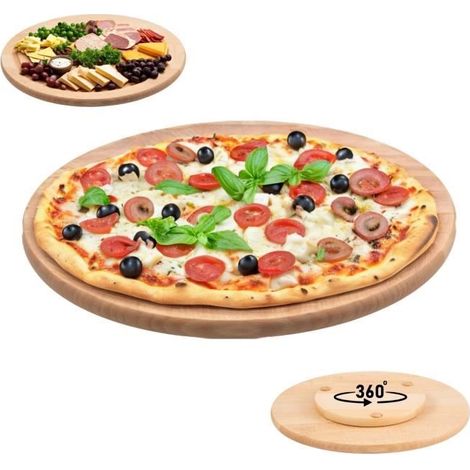 1 plateau tournant en bois, 25 cm, rotation 360°, plateau de service rotatif pour pizza et fromages, usage domestique (1/4)