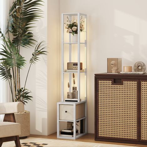 Lampada da terra moderna con ripiani a giorno, cassetto in tessuto e interruttore a pedale per camera da letto e soggiorno, colore bianco.