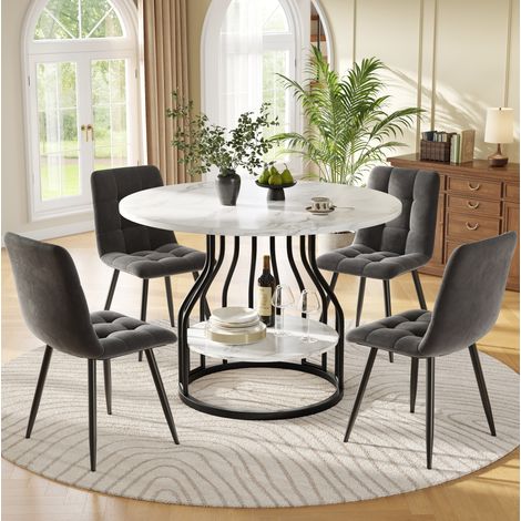 Ensemble table à manger ronde Plaquage Plaquage marbre avec 4 chaises en velours gris – 80 x 80 x 76 cm (1/5)