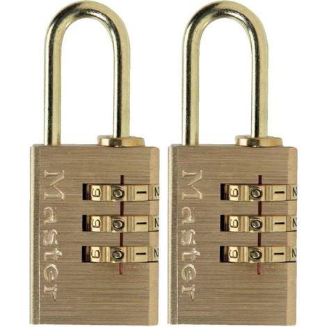 Lot de 2 Cadenas à combinaison, Aluminium, Finition laiton, 3 chiffres, Pour casier et valise