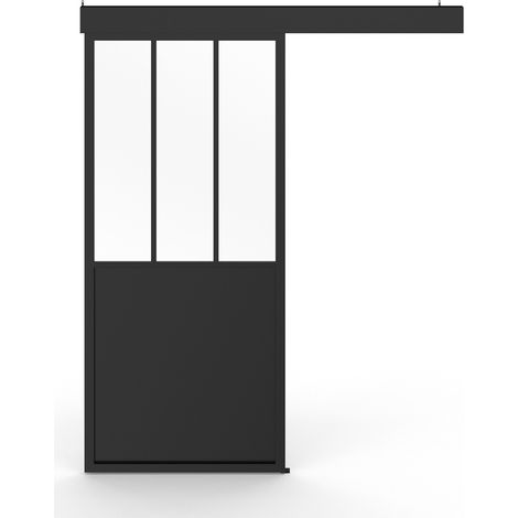 Kit porte coulissante verrière verre trempé 93 cm en métal + MDF avec rail et fixations