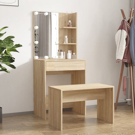 Ensemble de coiffeuse avec LED Table de maquillage Compartiments de Rangement Coiffeuse Maquillage Chêne sonoma Bois d'ingénierie VSGS726054 (1/5)