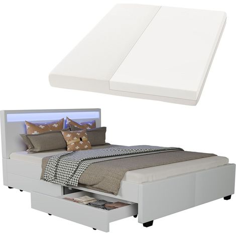 Juskys Polsterbett Lyon 140 x 200 cm mit Bettkasten, LED Beleuchtung, Lattenrost & Matratze - Kunstleder & Holz – Bett Bettgestell Jugendbett weiß