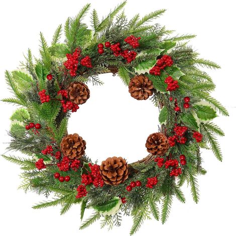 Weihnachtskranz, Weihnachtskranz für die Haustür, künstlicher Türkranz mit roten Beeren, Tannenzapfen und Zedernzweigen für die Weihnachtsdekoration im Innen- und Außenbereich (1/5)