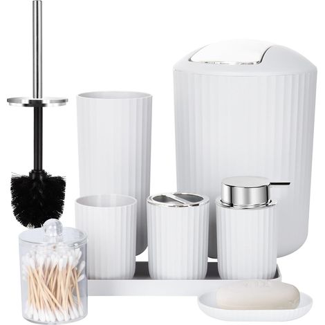 Ensemble Complet d'accessoires de Salle de Bain 8 pièces avec Poubelle, Distributeur de Savon, Porte-Savon, Porte-Brosse à Dents, gobelet à Brosse à Dents, Brosse de Toilette et Supports (1/5)