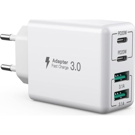 Chargeur USB C, 40W 4 Ports USB C, Bloc de Charge Rapide Double Port PD+QC, Multiport Type C Chargeur Compatible avec 17/16/15/14/13/12/11/Pro Max/XS/XR/8/7/téléphone/Tablette (1/5)