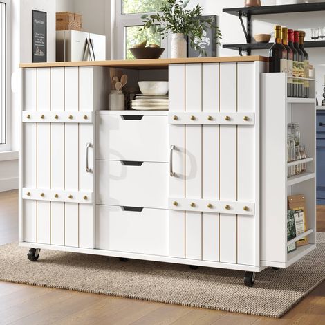 Meuble de cuisine avec roulettes et plateau, desserte blanche effet bois avec tiroirs et portes coulissantes (1/5)