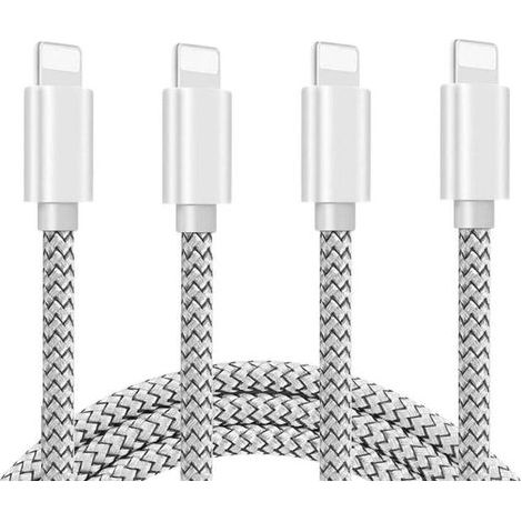 4-Pack chargeurs téléphone + câbles USB tressés nylon 10FT, compatible iPhone 11 Pro Max/XS MAX/XR/X/8/7/6, argent (1/4)