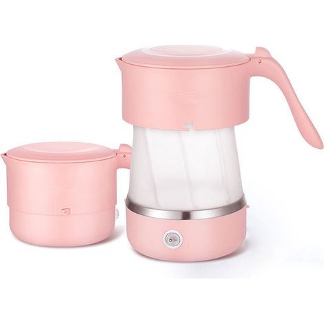 1 bouilloire de voyage pliable, silicone alimentaire, 500 ml, double tension 110-240 V, base acier inoxydable, rose (1/5)