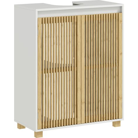 Mobiletto sottolavabo per bagno - mobiletto con ante a doghe di bambù, 60 x 30 x 75 cm, effetto legno naturale