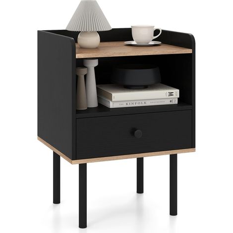 COSTWAY Comodino, tavolino con cassetto, ripiano aperto e gambe in metallo, comodino, consolle, comò per camera da letto, soggiorno, 40,5 x 35 x 56 cm (nero) (1/5)