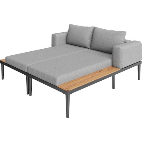 Modular Outdoor Double Chaise Lounge with Wooden Side Panels, Waterproof Cushions, Sturdy Iron Frame, for Patio & Poolside