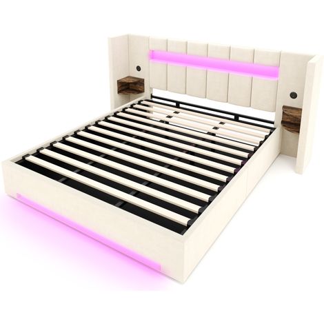 Beiges Samtbett mit Bettkasten 180x200 cm, LED, USB und seitlichem Stauraum (1/5)
