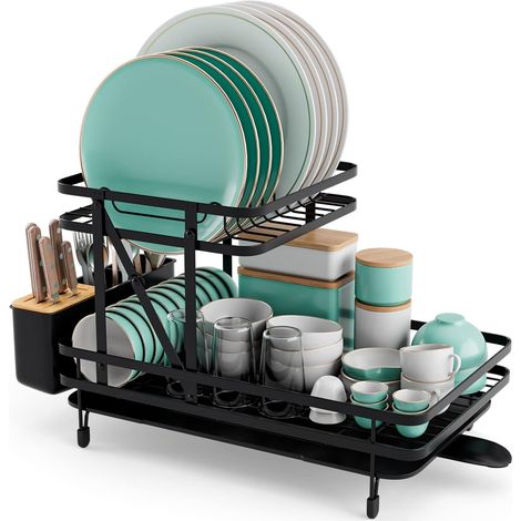 COSTWAY Set di Scolapiatti e Scolapasta Pieghevole, Scolapiatti in Metallo a 2 Livelli con Portautensili, Vassoio di Gocciolamento Rimovibile, Scolapiatti per il Bancone della Cucina, Nero (1/5)