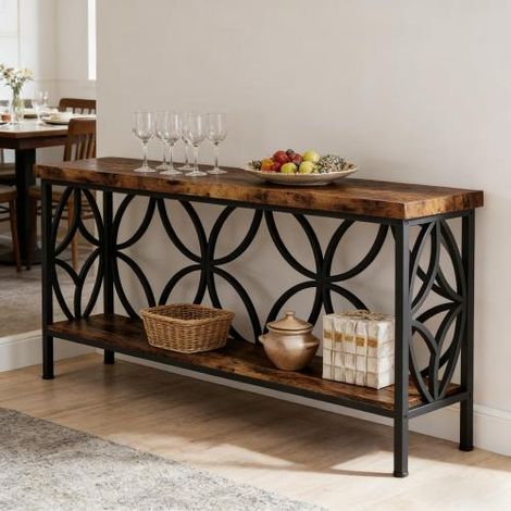 Console de style industriel avec étagères ouvertes, noir et brun rustique, 160 x 29,5 x 80 cm