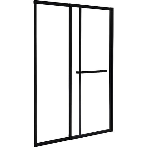 Vente-Unique – Pare-baignoire coulissant noir mat 120x140 cm – Verre trempé 5 mm – Porte-serviette inclus – Installation facile