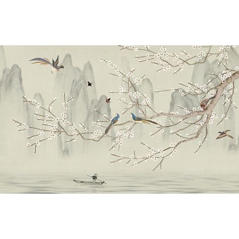 Papier peint panoramique - Fleurs Oiseaux - 130 cm x 81 cm (1/2)